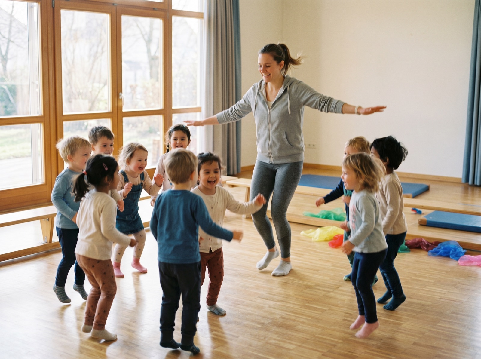 SmartDance-Trainerin tanzt mit Kindern in einer Kita